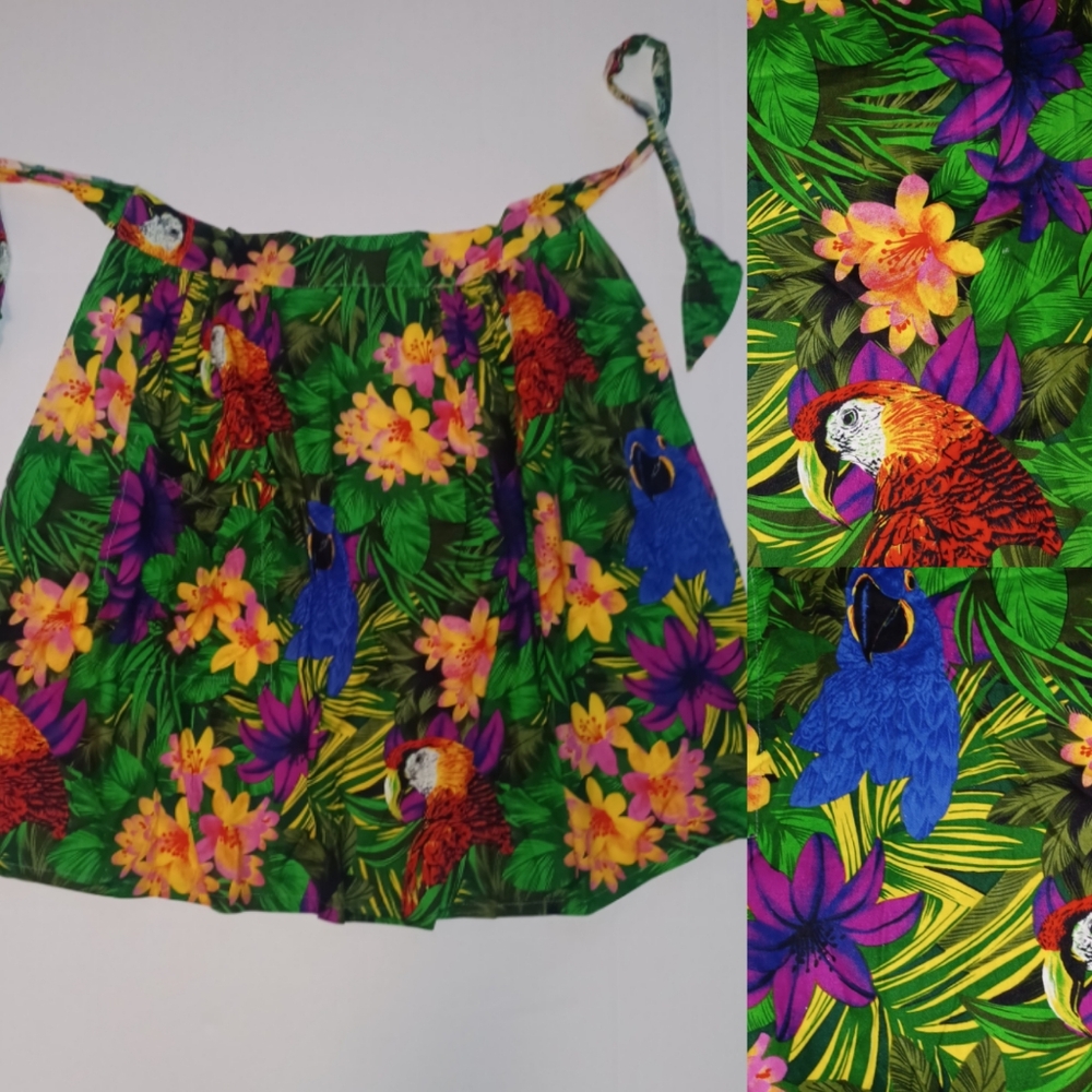 80s VTG Unworn Half Apron,  Tropical, Parrots & Flowers